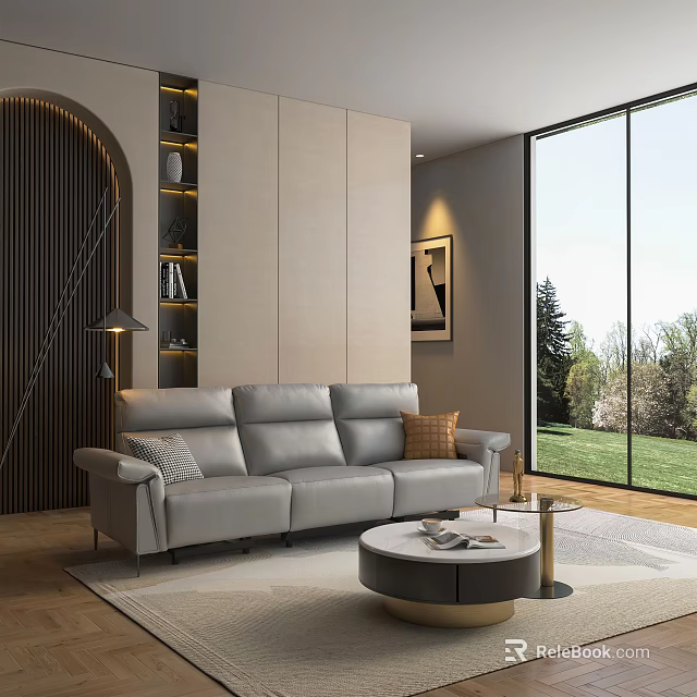 Three-Seater Sofa Modern Living Room Grey Design With Round Coffee Table Floor-to-Ceiling Windows Green View 3d model 