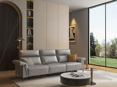 Three-Seater Sofa Modern Living Room Grey Design With Round Coffee Table Floor-to-Ceiling Windows Green View 3d model