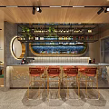 Modern Restaurant Interior With Wooden Walls Bar Counter Orange Bar Stools And Wine Racks