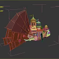 Ornate Castle Style Water Transport with Red Sails Colorful Towers and Shiny Reflection
