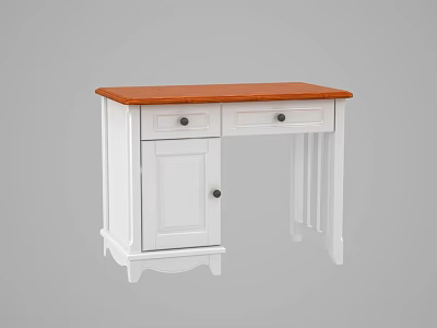 Simple White Desk With Brown Wooden Top And Drawer Cabinet Design 3d model