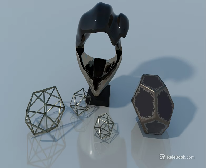 Flush Door Design With Geometric Metal Frames And Abstract Sculpture Decor 3d model 