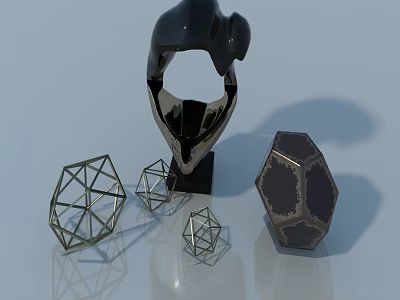 Flush Door Design With Geometric Metal Frames And Abstract Sculpture Decor 3d model