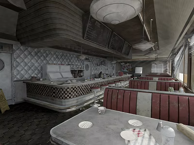 Vintage Diner Interior With Red And White Booths Diamond Patterned Wall Tiles And Tables 3d model