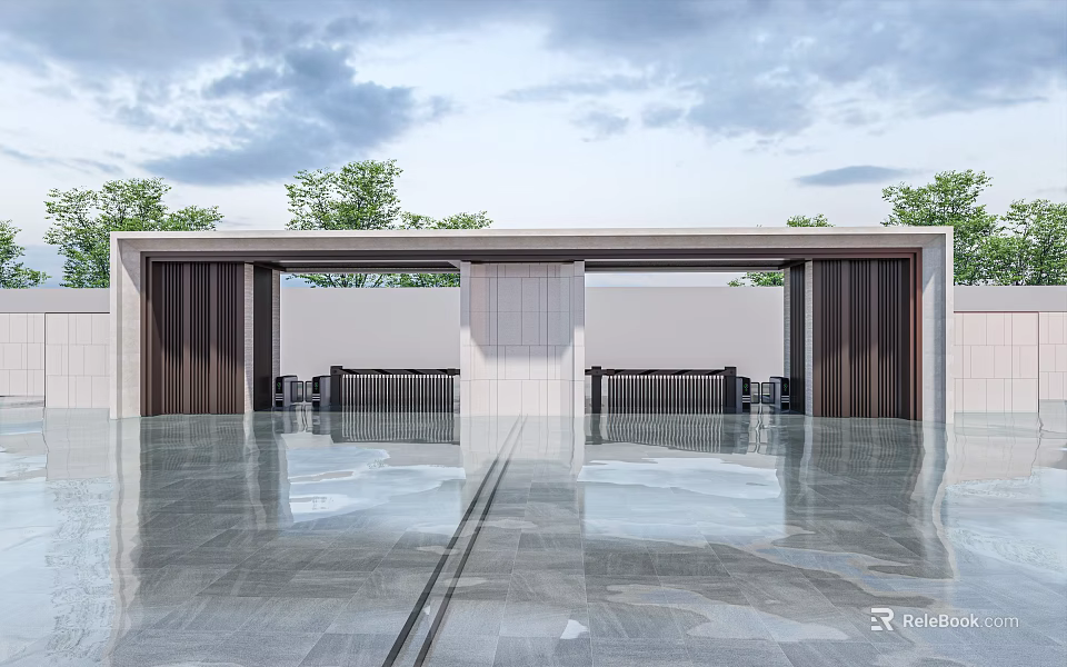 Modern Entrance Gate With Trees And Smooth Stone Flooring 3d model