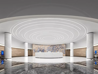 Modern Front Desk Reception Interior Design With Marble Countertop Circular Ceiling Light And Wooden Wall Columns 3d model