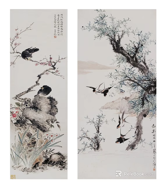 Traditional Chinese Ink Paintings with Birds on Tree Branches Plum Blossoms and Mountain Scenery 3d model 