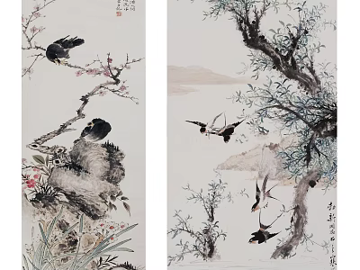 Traditional Chinese Ink Paintings with Birds on Tree Branches Plum Blossoms and Mountain Scenery 3d model