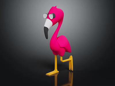 Pink Flamingo Character Wearing Round Glasses Standing On One Yellow Leg Against Dark Background 3d model