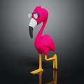 Pink Flamingo Character Wearing Round Glasses Standing On One Yellow Leg Against Dark Background