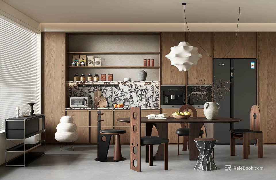 Modern Restaurant Interior With Open Concept Wooden Cabinets Dining Table Pendant Light And Patterned Wall 3d model