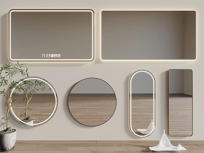 Various Shaped Mirrors With LED Lights For Modern Interior Wall Decor And Wooden Floor 3d model