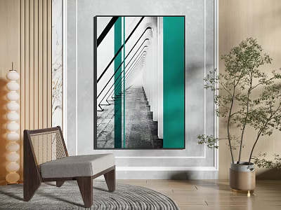 Modern Interior Space With Decorative Painting Wooden Chair Floor Lamp And Potted Plant 3d model