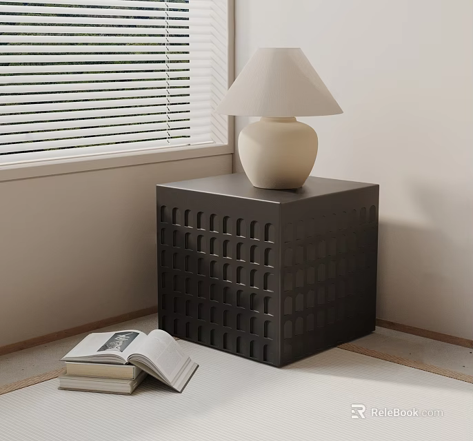 Black Grid Design Bedside Table With White Table Lamp And Open Book By Window 3d model