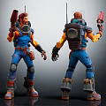 3D Model Character Wearing Blue Overalls With Orange Sleeves Backpack Red Weapon Front Back Views 3d model