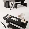 Modern Black Desk Interior With Open Book Magazine Gold Bowl And White Chair