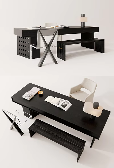Modern Black Desk Interior With Open Book Magazine Gold Bowl And White Chair 3d model