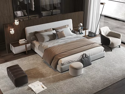 Modern Double Bed Interior With White Headboard Nightstands Table Lamps And Armchair 3d model