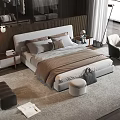 Modern Double Bed Interior With White Headboard Nightstands Table Lamps And Armchair