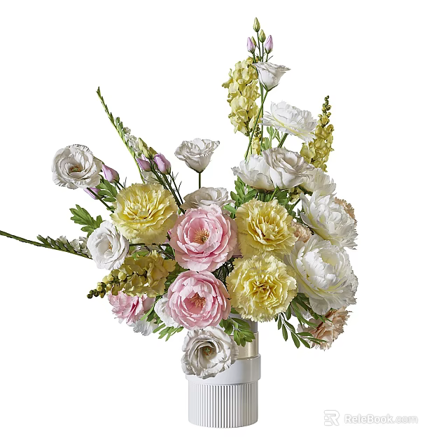 White Vase Floral Arrangement With Pink Yellow White Flowers And Green Leaves 3d model 