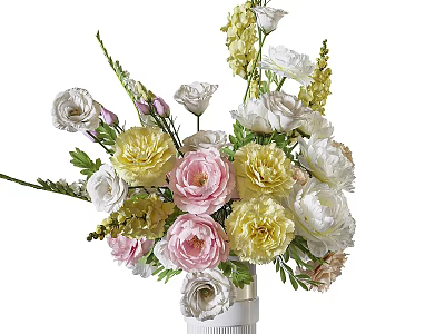 White Vase Floral Arrangement With Pink Yellow White Flowers And Green Leaves 3d model