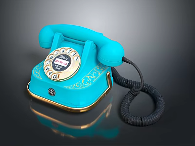 Retro Turquoise Telephone With Gold Accents Rotary Dial And Black Coiled Cord 3d model