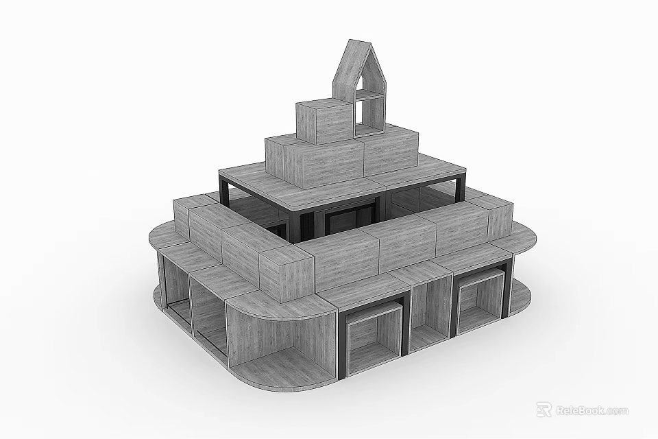 Wooden Multi tiered Display Shelves Featuring Modern Structural Design and Spacious Shelving Units 3d model 