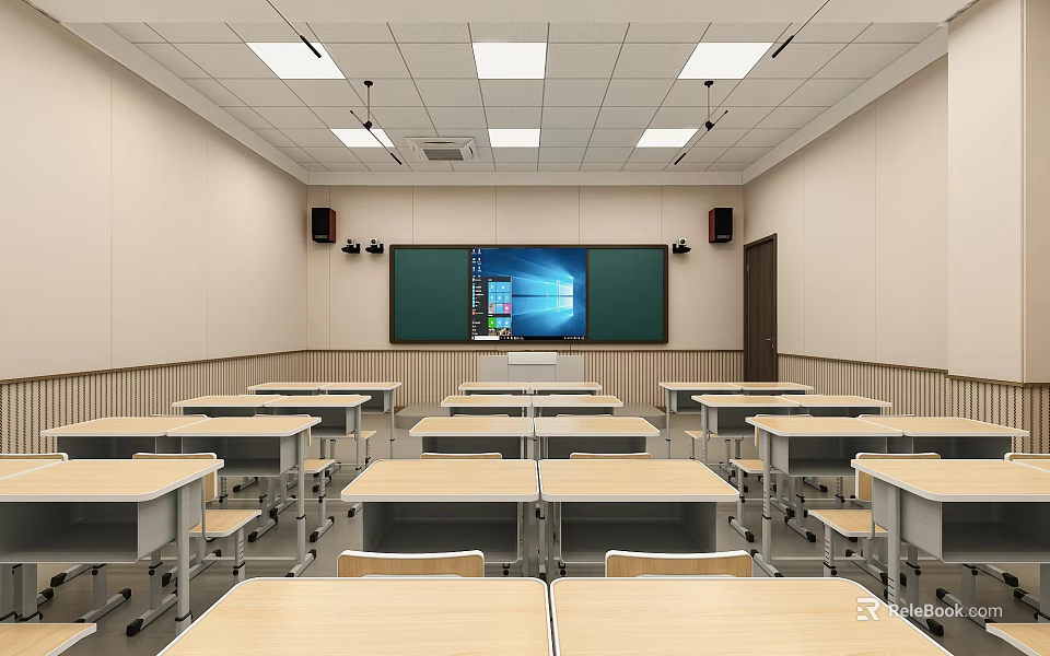 Modern School Classroom Featuring Rows Of Desks Blackboard And Multimedia Screen 3d model 