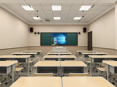 Modern School Classroom Featuring Rows Of Desks Blackboard And Multimedia Screen 3d model
