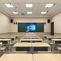 Modern School Classroom Featuring Rows Of Desks Blackboard And Multimedia Screen