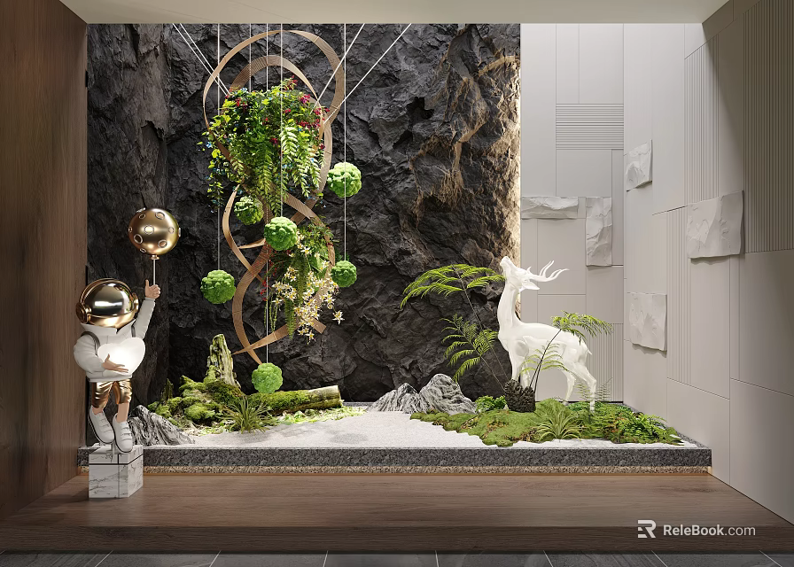 Whimsical Garden Decor With Hanging Plants Spherical Greenery Deer Sculpture And Mossy Sand Scene 3d model 