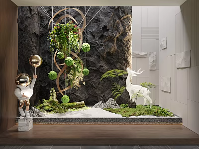 Whimsical Garden Decor With Hanging Plants Spherical Greenery Deer Sculpture And Mossy Sand Scene 3d model