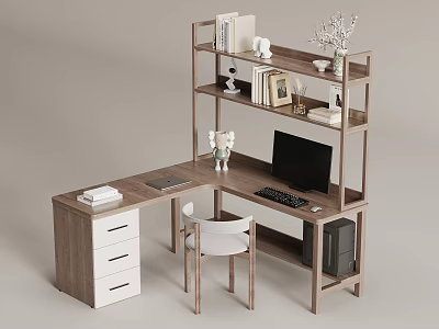 Wooden L Shaped Desk with Bookshelf Books Decorations White Chair and Computer 3d model