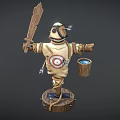 Scarecrow Figure Holding Wooden Sword With Quiver And Bucket On Wooden Stump