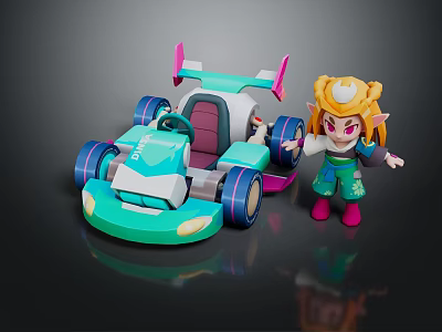 Cartoon Character With Blonde Hair By Turquoise Go Kart With Pink Spoiler And Purple Wheels 3d model