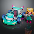 Cartoon Character With Blonde Hair By Turquoise Go Kart With Pink Spoiler And Purple Wheels