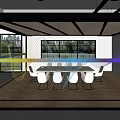 Modern Conference Room Interior Design With Glass Walls Pendant Lights And Wooden Floor