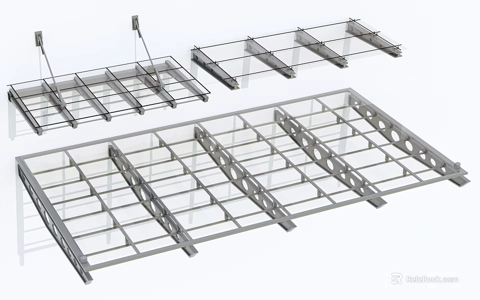 Metal Sunshade Frame Grid With Support Brackets And Installation Components 3d model 