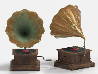 Two Vintage Musical Instruments Gramophones Green Copper Golden Horns Wooden Base Black Records Red Needles 3d model