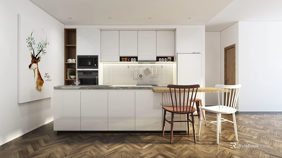 Modern Kitchen Interior Design Featuring White Cabinets Island Gray Countertop And Herringbone Wood Floor 3d model 