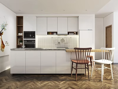 Modern Kitchen Interior Design Featuring White Cabinets Island Gray Countertop And Herringbone Wood Floor 3d model