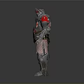 Intricate Medieval Armor Sculpture With Red Accents Axe And Detailed Design