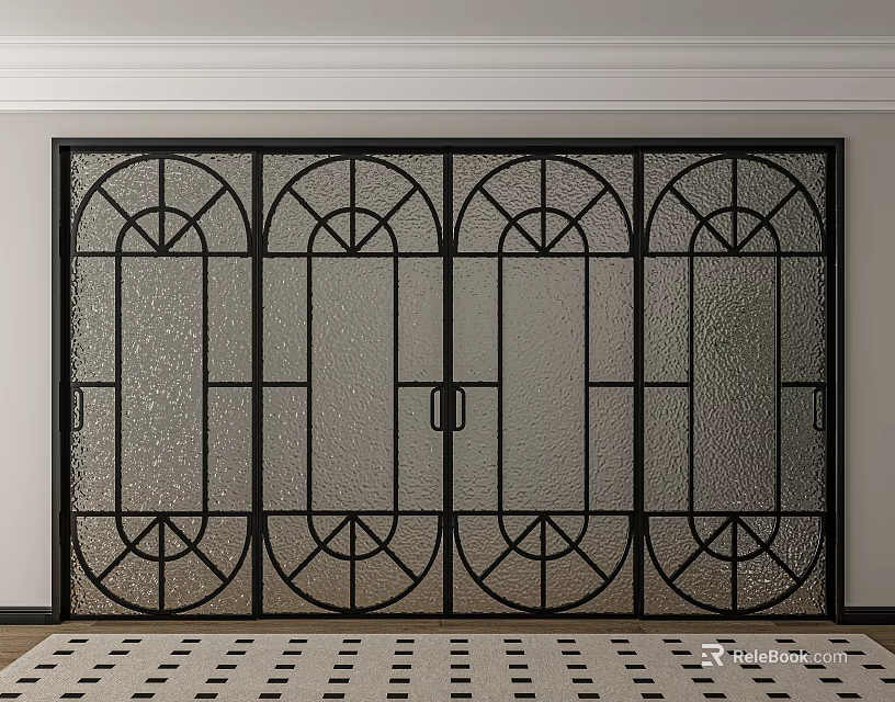 Modern Interior Sliding Doors With Black Frame And Geometric Pattern Glass 3d model 