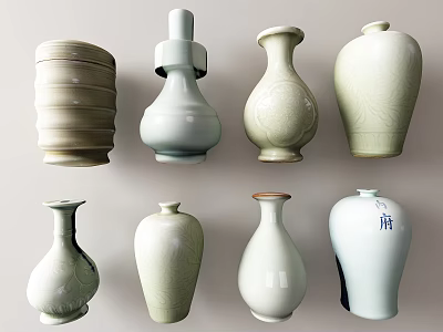 Ceramic Vases in Various Shapes with Light Colors and Decorative Patterns 3d model