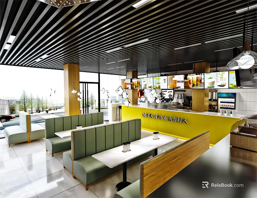 Modern Milk Tea Shop Interior With Seating Counter And Menu Boards 3d model 