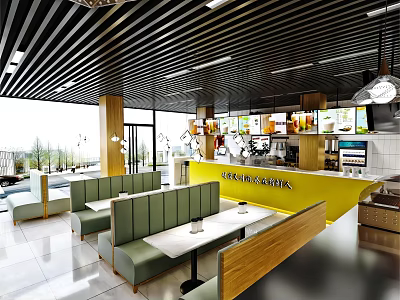 Modern Milk Tea Shop Interior With Seating Counter And Menu Boards 3d model