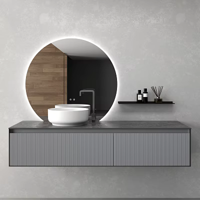 Modern Bathroom Vanity With Round Illuminated Mirror White Vessel Sink And Gray Cabinet 3d model