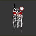 Mechanical Robot Character With Long Cannon Barrel Red Decorations And Multiple Weapons 3d model