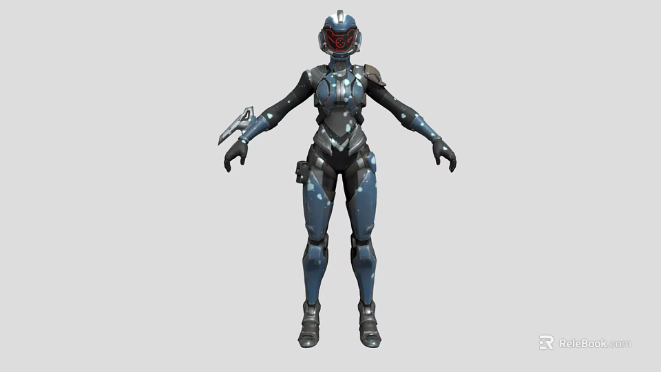 Humanoid Smart Machine Equipped with Blue and Black Armor Helmet and Weapon 3d model 