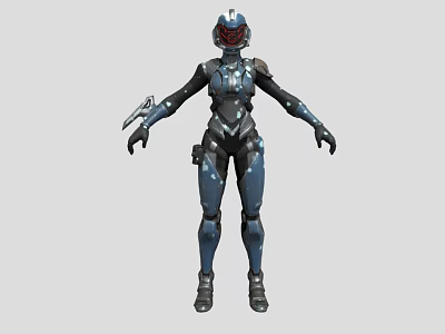Humanoid Smart Machine Equipped with Blue and Black Armor Helmet and Weapon 3d model